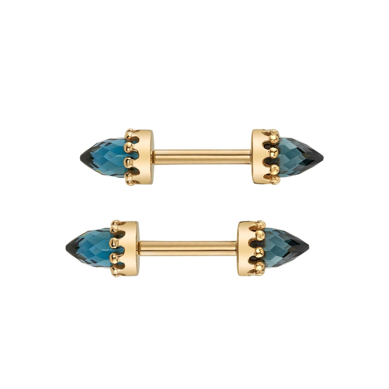 BVLA Crown Bullet custom body jewellery in 14k yellow gold featuring faceted London Blue Topaz and Citrine bullet gemstones front view