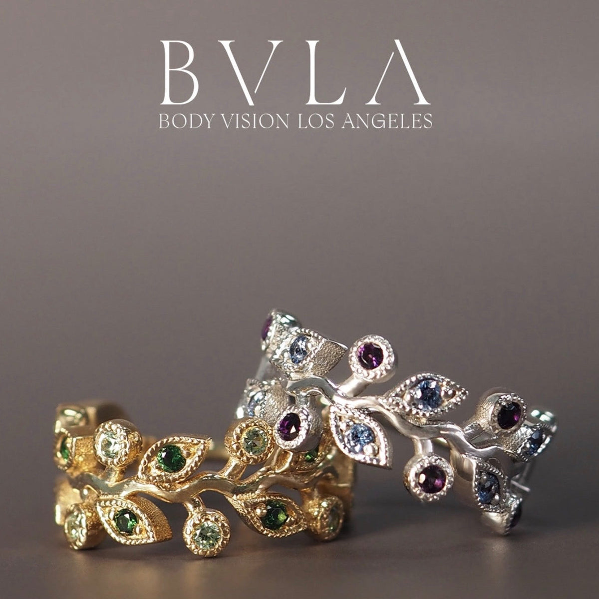 BVLA solid gold earrings to illustrate custom jewellery available in different gold colours, gemstones and bespoke design options.