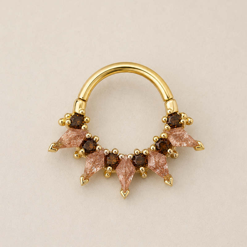 BVLA Desdemona in solid 14k yellow gold featuring Oregon Sunstone and Chocolate Diamond gemstones in an ornate luxury piercing end.