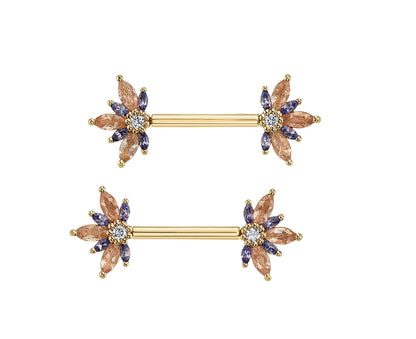 BVLA Small Starling Narwhal Threadless Barbell in yellow gold with Oregon Sunstone, Tanzanite, and Diamond gemstones on an 11mm threadless straight barb