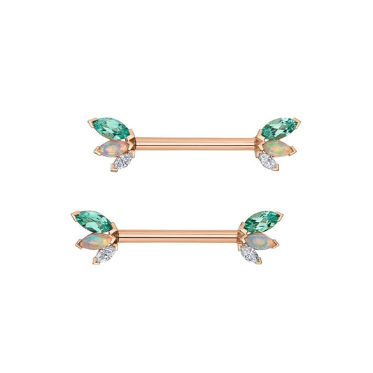 BVLA French Kiss custom yellow gold industrial jewellery with marquise diamonds opal and Chatham Chrysoberyl front view