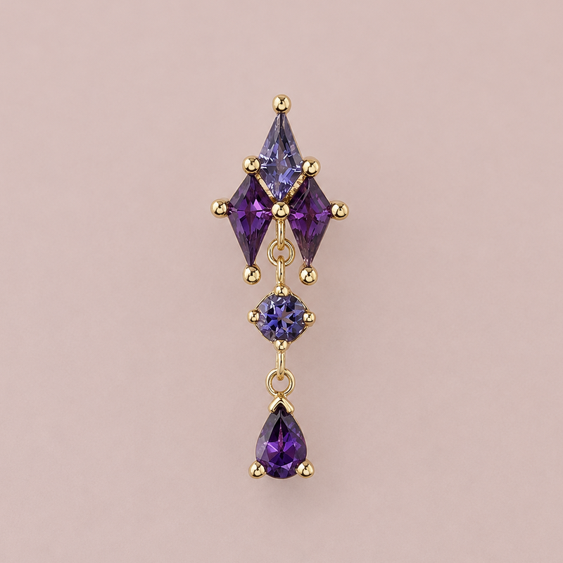 BVLA Howl solid 14k yellow gold threadless dangle end featuring Iolite and Amethyst gemstones for helix, flat, conch and lobe piercings.