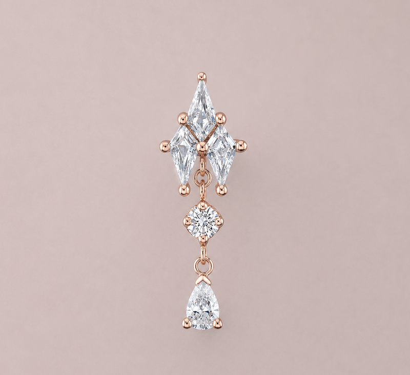 BVLA  Howl solid 14k rose gold threadless dangle end featuring White Diamond marquise gemstones, a round White Diamond and a pear-shaped White Diamond drop for helix, flat, conch and lobe piercings.