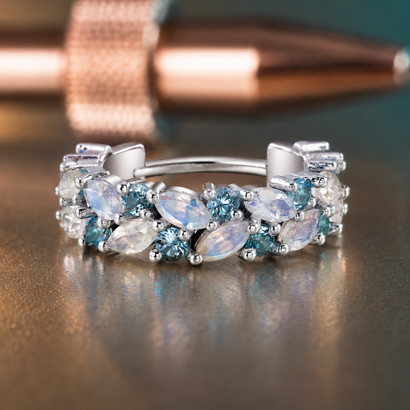 BVLA Isabella 14k white gold hinged clicker featuring faceted rainbow moonstones and Swiss blue topaz, styled as luxury helix, conch or lobe huggie jewellery.