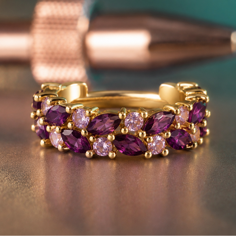 BVLA Isabella 14k yellow gold hinged clicker featuring marquise-cut rhodolite garnets and light amethysts, designed as a luxury helix, conch or lobe huggie ring.