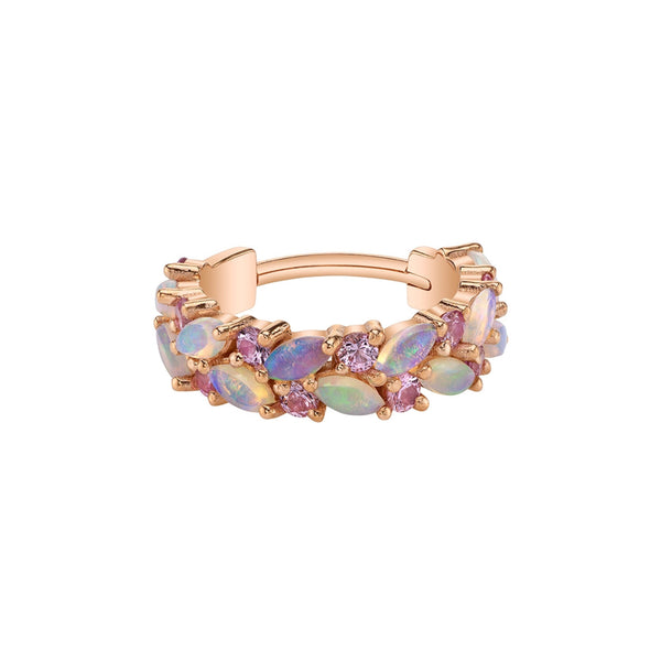 Rose gold BVLA Isabella hinge ring with White Opal and Light Pink Sapphire.