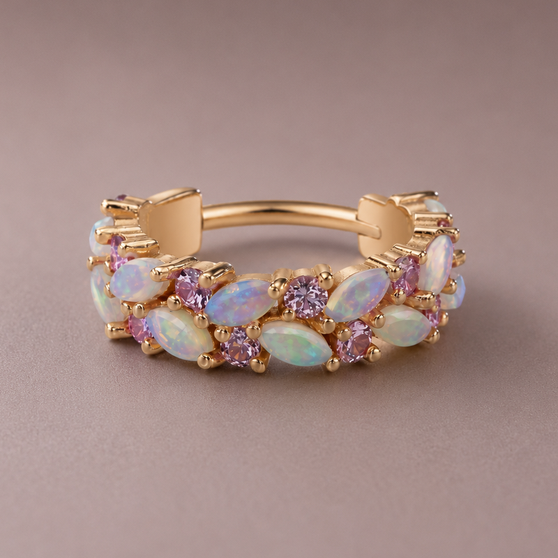 BVLA Isabella 14k rose gold hinged clicker featuring marquise white opals and light pink sapphires, designed as a luxury helix, conch or lobe huggie ring.
