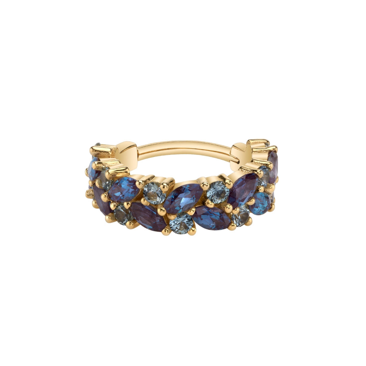 Yellow gold BVLA Isabella hinge ring with Chatham Alexandrite and Grey Sapphire.