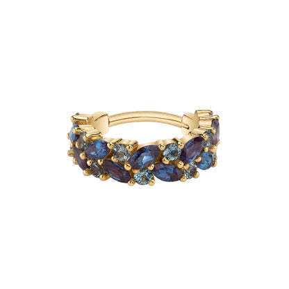 Yellow gold BVLA Isabella hinge ring with Chatham Alexandrite and Grey Sapphire.