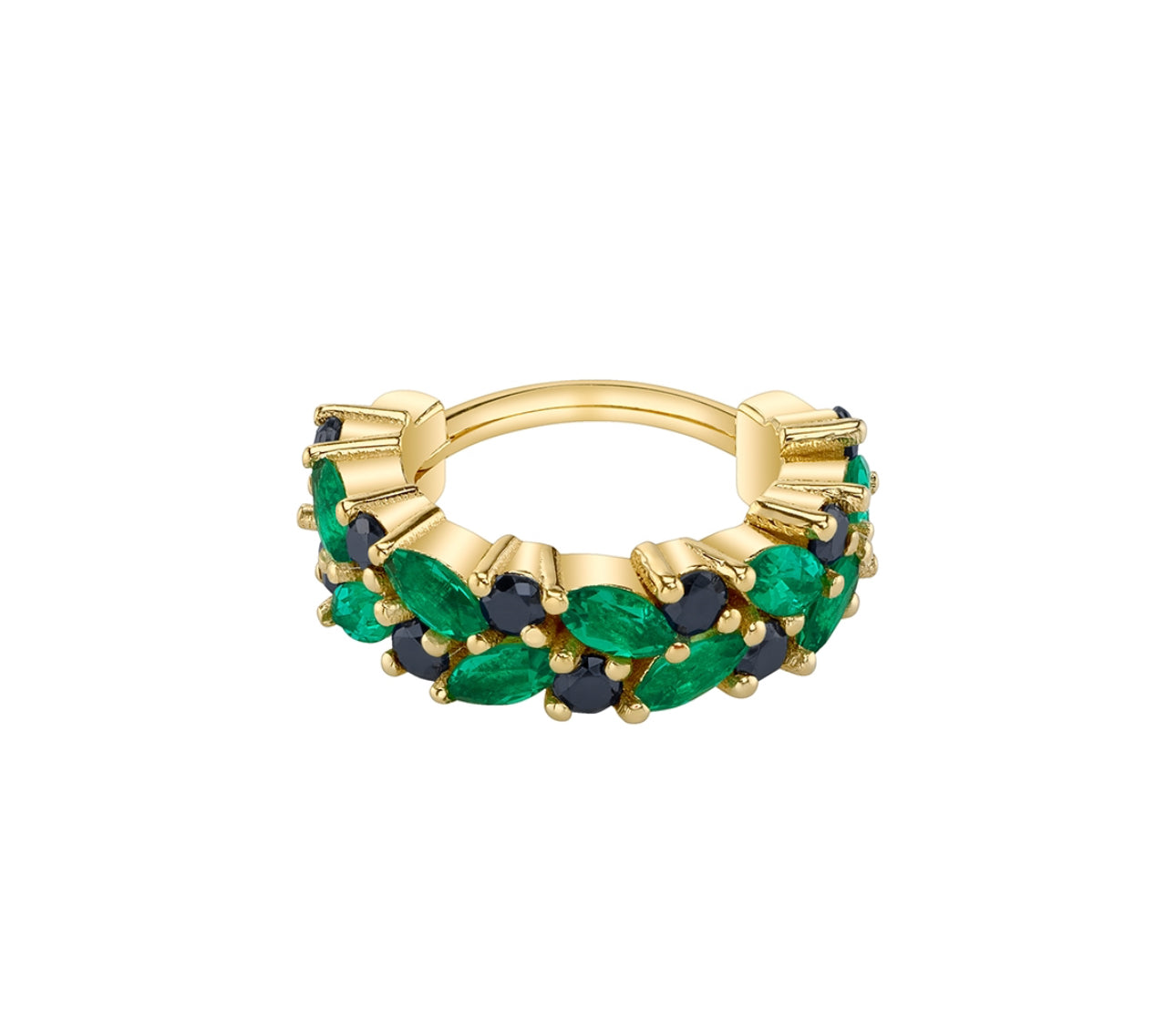 Yellow gold BVLA Isabella hinge ring with Chatham Emerald and Black Diamond.