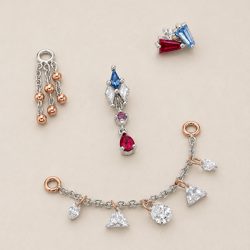 BVLA luxury body jewellery charms in solid 14k gold, including gemstone dangles, chain connectors, bead tassels and decorative piercing charms for helix, lobe, conch and cartilage piercings.