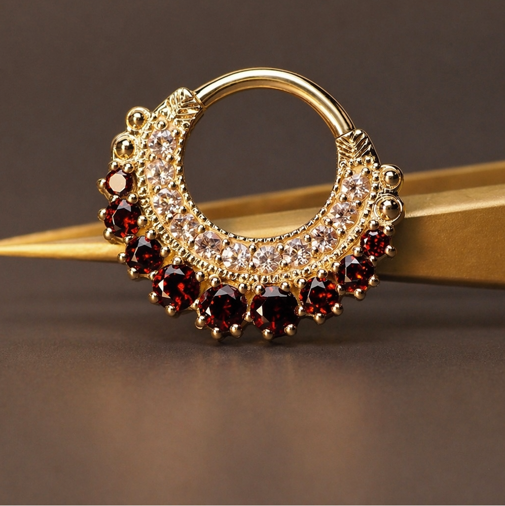 BVLA Marilyn in solid 14k yellow gold featuring Garnet gemstones, a Chatham Champagne Sapphire centre and polished gold bead detailing for luxury cartilage and ear piercings