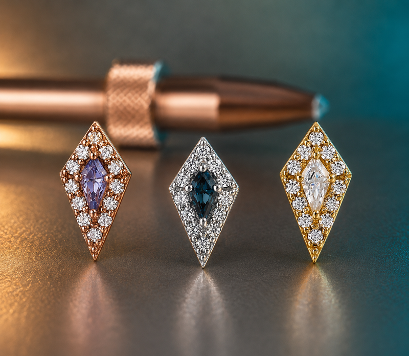 BVLA marquise diamond end available in yellow gold, white gold and rose gold with diamond halo and marquise centre gemstones for luxury ear piercings.