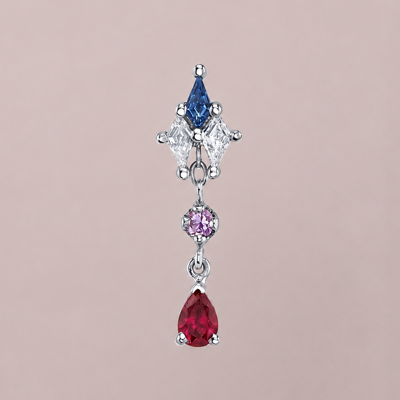 BVLA Mini Howl solid 14k white gold threadless dangle end featuring a Polar Sapphire kite, Diamond kites, Light Amethyst round gemstone and Ruby pear drop for helix, flat, conch and lobe piercings.