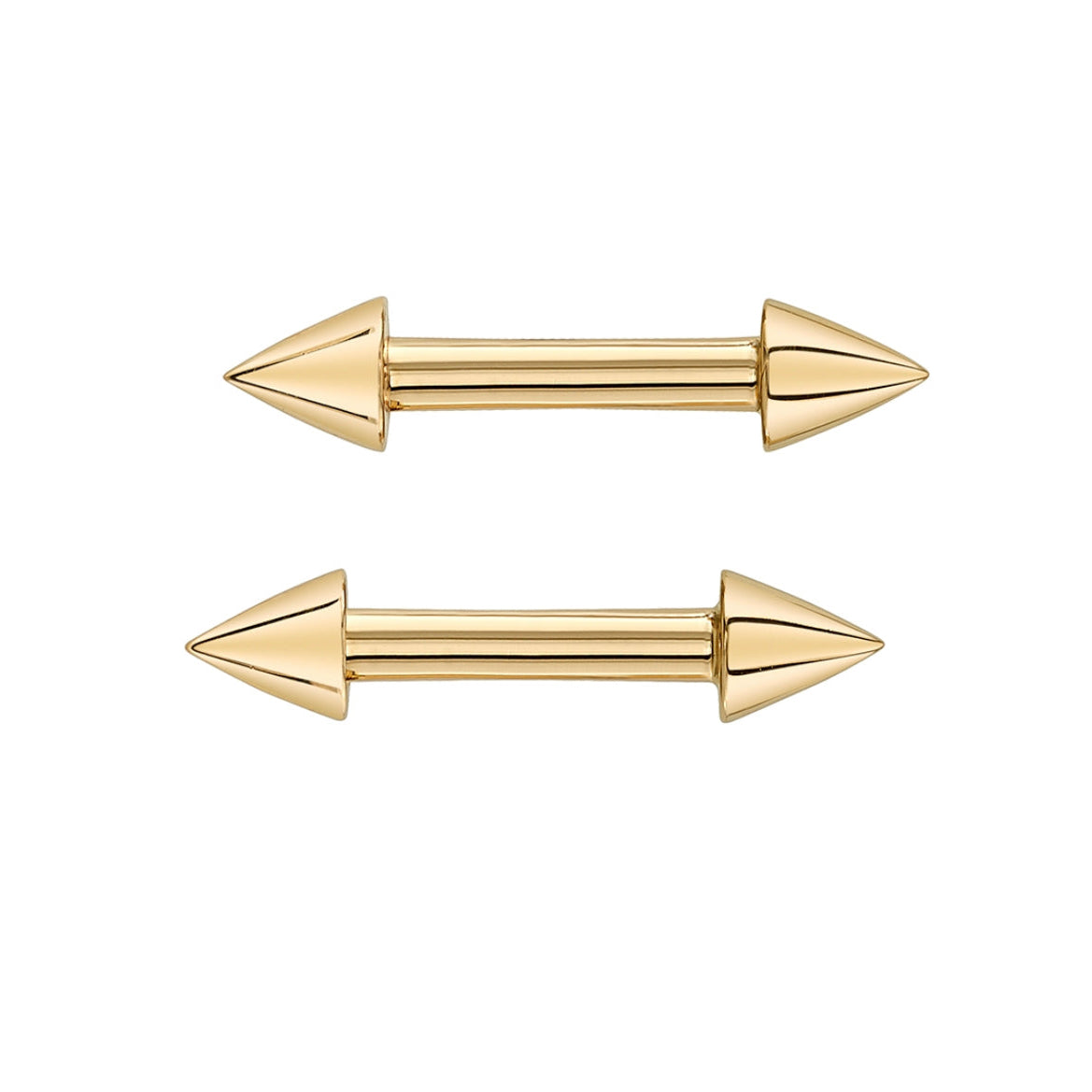 Angled view of BVLA Spike yellow gold industrial piercing jewellery