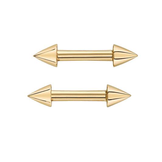 Angled view of BVLA Spike yellow gold industrial piercing jewellery