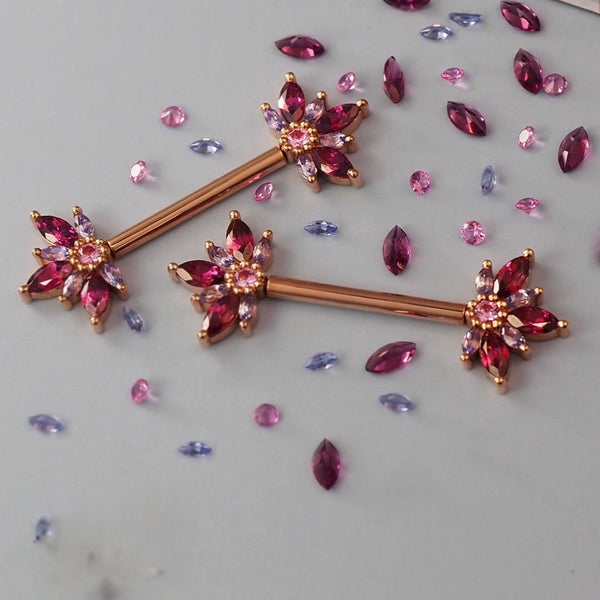 BVLA Starling solid 14k rose gold industrial barbell featuring matching floral ends set with rhodolite garnets, light pink sapphires and tanzanite gemstones, designed for luxury industrial ear piercings.