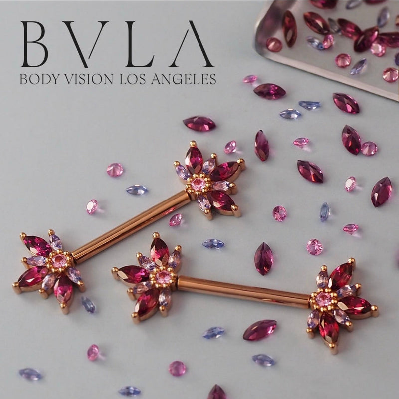 BVLA Starling yellow gold industrial barbell featuring rhodolite garnets, pink sapphires and tanzanites in a handcrafted luxury 14k gold body jewellery design.