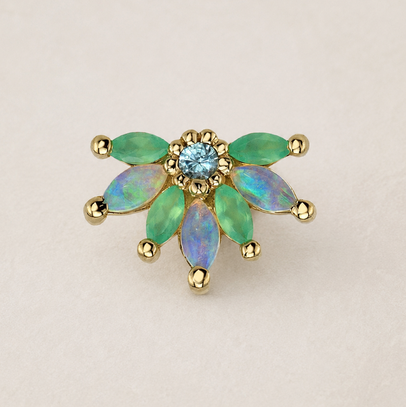 BVLA Starling solid 14k yellow gold threadless end featuring white opal, chrysoprase and apatite gemstones in a fan-shaped design, suitable for helix, flat, conch and lobe piercings.