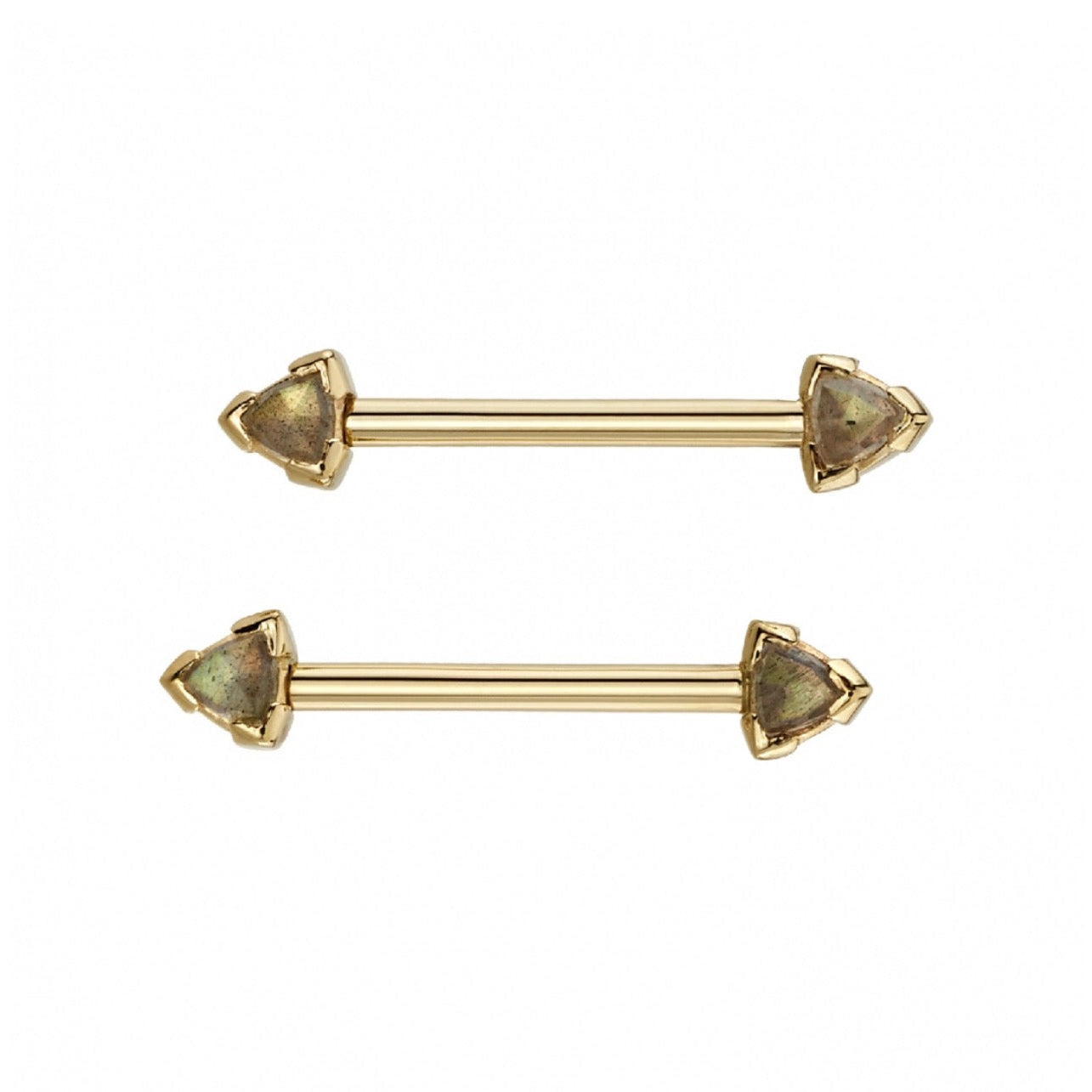BVLA Trillion Bell custom yellow gold industrial jewellery with rose cut Labradorite and diamond accents front view