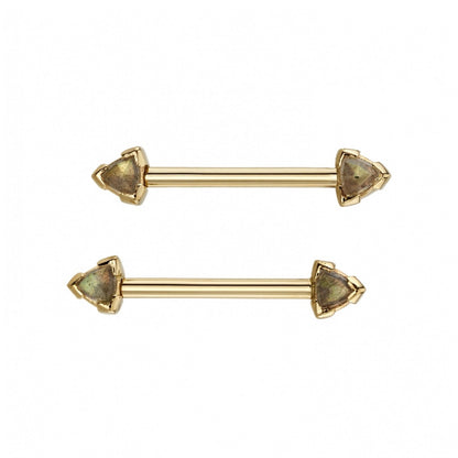 BVLA Trillion Bell custom yellow gold industrial jewellery with rose cut Labradorite and diamond accents front view