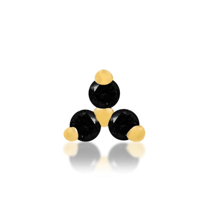 Solid 14k gold trinity stud featuring three black cubic zirconia stones for cartilage piercings.