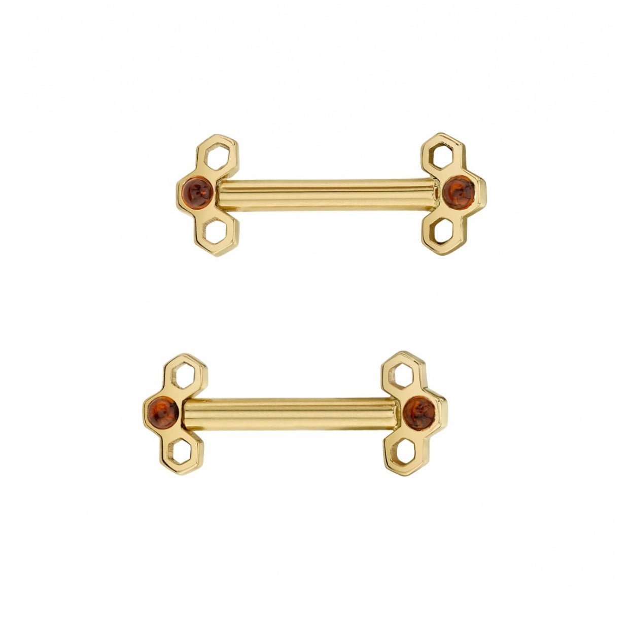 Front view of the BVLA Honeycomb Barbell in solid 14k yellow gold featuring textured honeycomb detailing.
