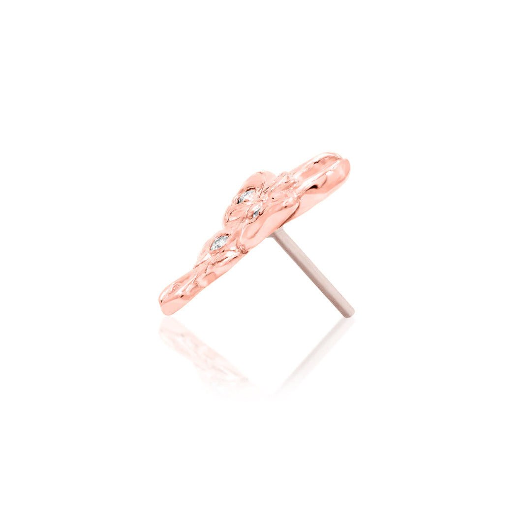 Curated ear featuring a solid 14k gold luna moth helix stud layered with complementary gold cartilage jewellery.