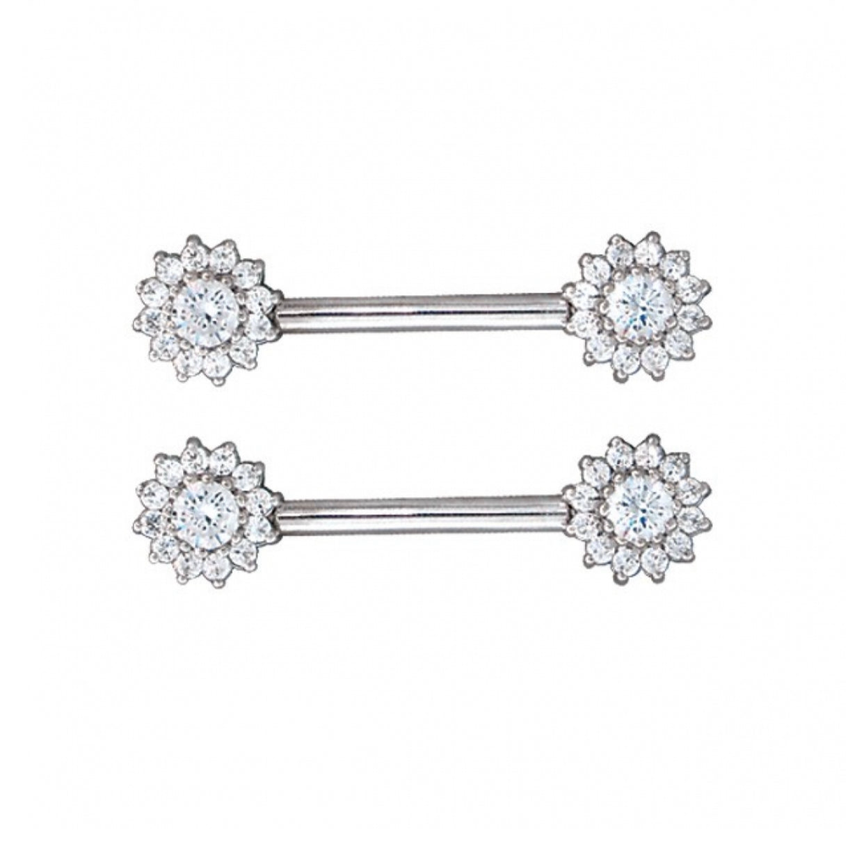 Angled view of the BVLA Rose Bell Barbell showcasing precision-set diamond cluster ends in solid 14k white gold.
