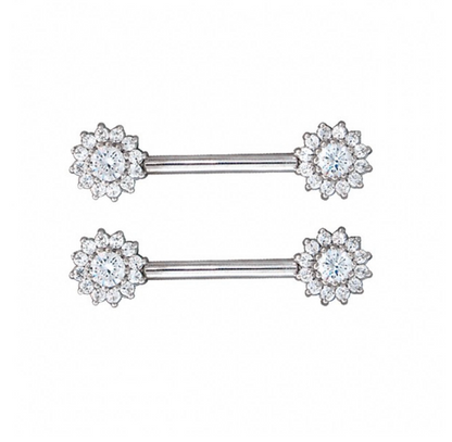 Angled view of the BVLA Rose Bell Barbell showcasing precision-set diamond cluster ends in solid 14k white gold.
