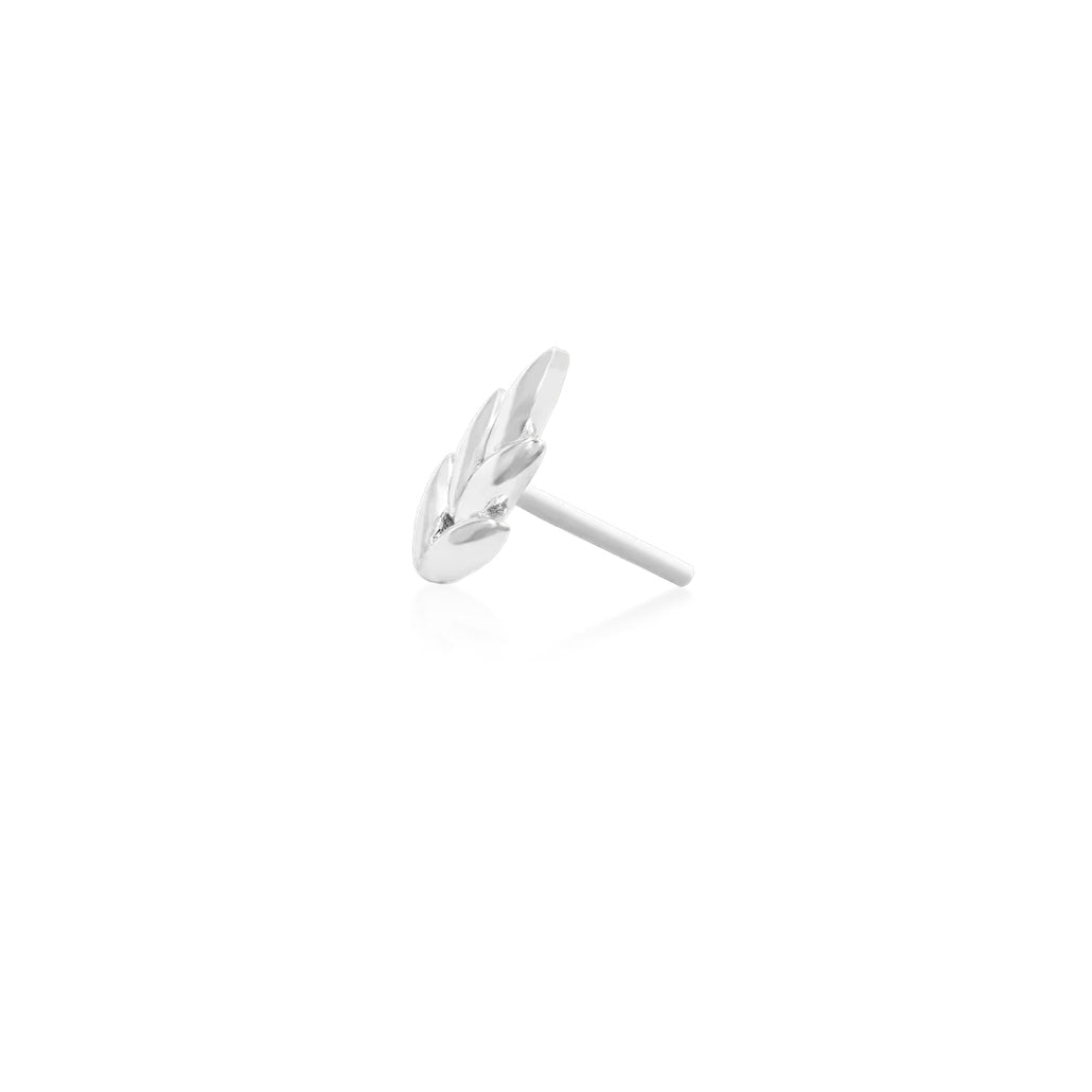 Polished 14k white gold fern motif creating a delicate botanical accent in a conch piercing.