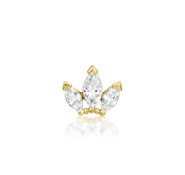 Front view of the Junipurr Jewellery Beaded Fan threadless end in 14k yellow gold featuring marquise cubic zirconia.
