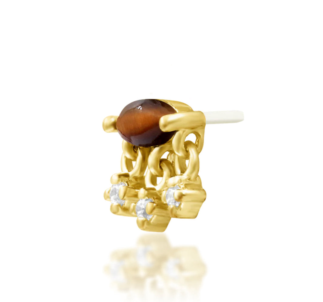 Junipurr Mona Threadless End – 14k Gold | Tiger Eye & White CZ | Lobe, Helix & Conch Piercings