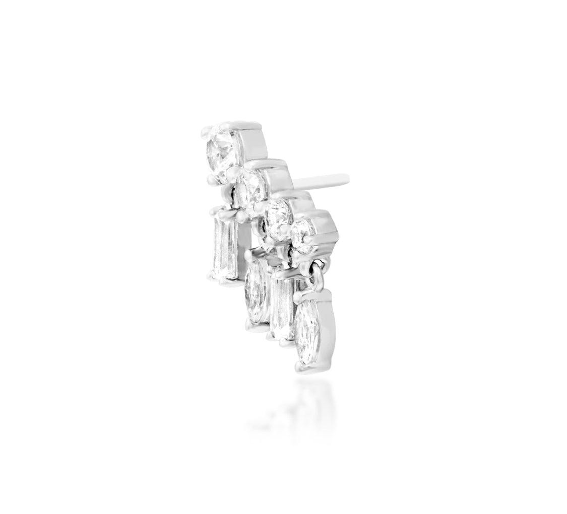 Off-front angled view of the Junipurr Jewellery Fatima 14k white gold threadless decorative end featuring cubic zirconia detailing.