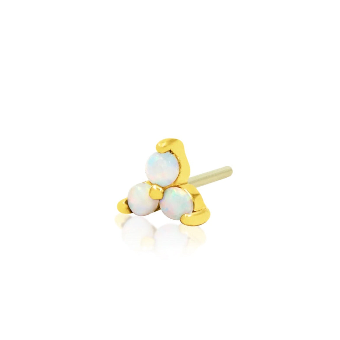 Yellow gold cartilage earring with a three-stone synthetic opal cluster.