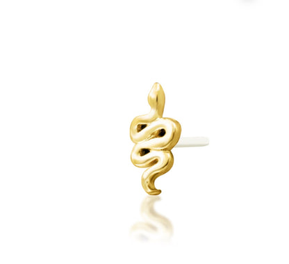 Solid 14k yellow gold cartilage stud featuring a smooth curved serpent design.