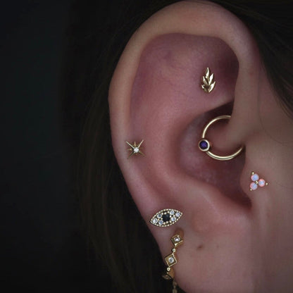 Curated ear styled with solid 14k gold star earrings layered with complementary cartilage jewellery.
