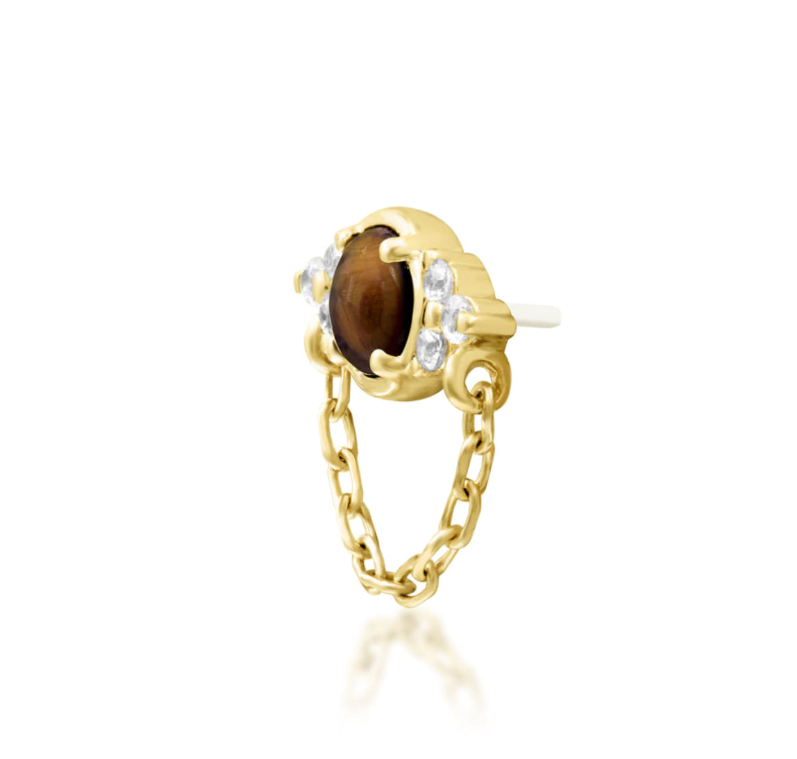 Junipurr Hobbs yellow gold threadless end with tiger eye and CZ, elegant moody piercing jewellery