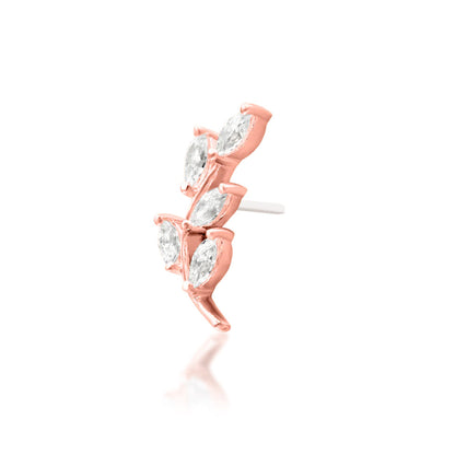 Off-front angled view of the Junipurr Jewellery Vedia in rose gold showcasing warm tones and CZ arrangement.