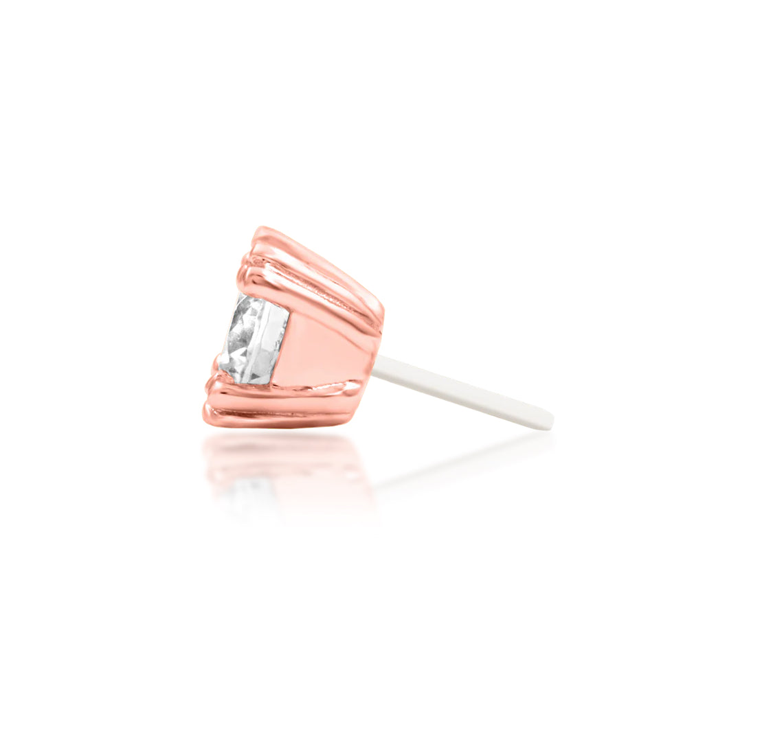 Side profile of the Junipurr Jewellery Beaded Prong threadless end in rose gold suitable for helix and flat placements.
