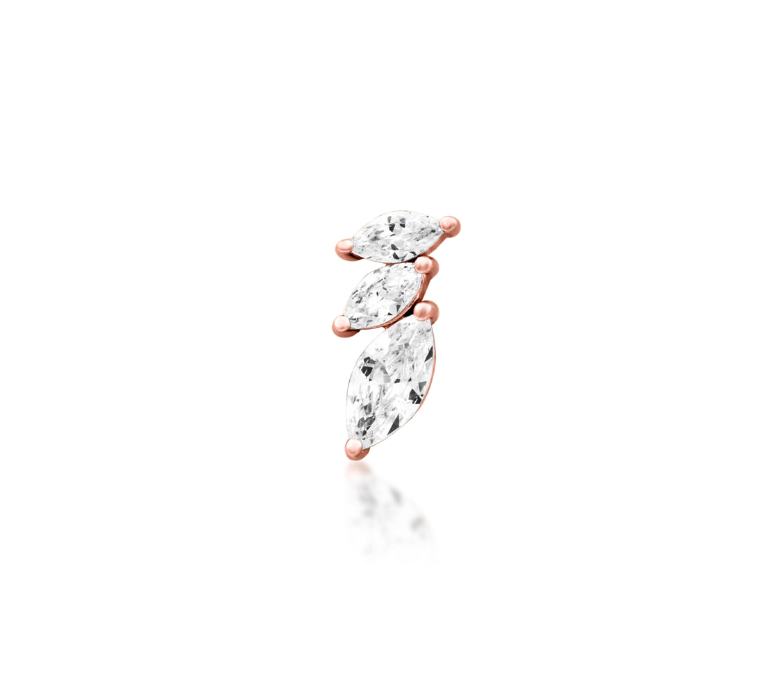 Front view of the Junipurr Jewellery Enigma threadless end in 14k rose gold with elongated cubic zirconia stones.