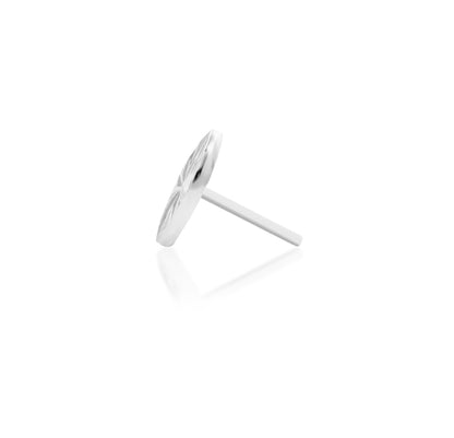 Side profile of the Junipurr Jewellery Laser Marquise threadless end in white gold suitable for cartilage and tragus wear.