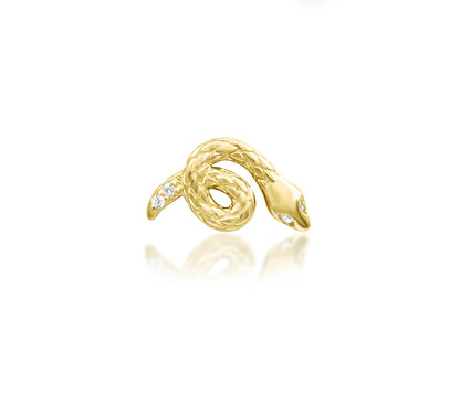 Front view of the Junipurr Jewellery Asmodeus threadless end in 14k yellow gold featuring four white cubic zirconia stones.

