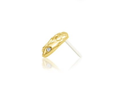 Side profile of the Junipurr Jewellery Asmodeus threadless end in 14k yellow gold designed for flat and helix piercings.

