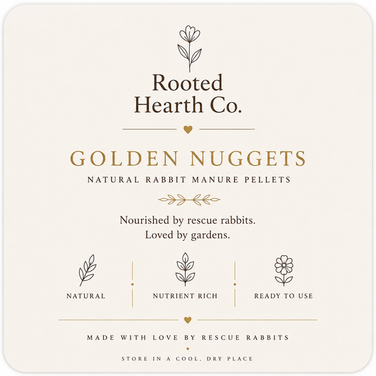 Rooted Hearth Co. Golden Nuggets packaging label for natural rabbit manure plant food.