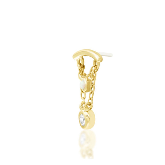 Junipurr Amelda yellow gold gemstone chain jewellery, angled view showing its threadless pin. – alternate view