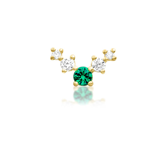 front view of junipurr jewellery vixyn threadless end in 14k yellow gold with emerald cz and white cz stones
