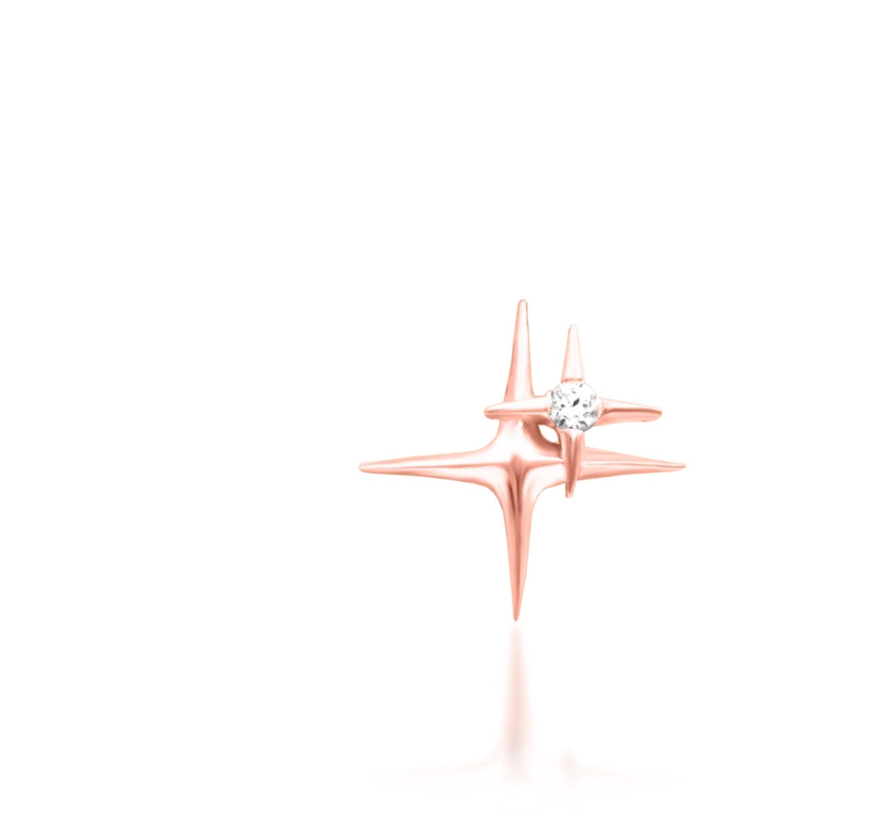 Front view of the Junipurr 11:11 solid 14k rose gold double star threadless end with white cubic zirconia.