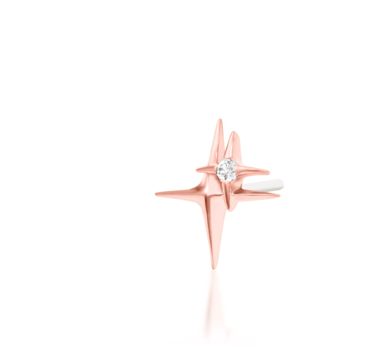 Angled view of Junipurr 11:11 rose gold celestial piercing jewellery, highlighting its layered double-star design and white CZ.