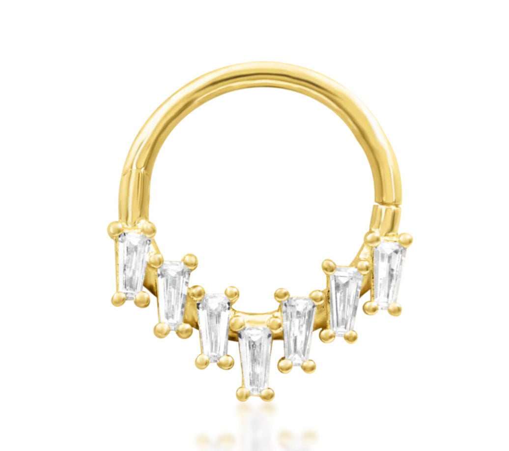 Junipurr 16g hinge segment ring in solid 14k yellow gold, suitable for daith and septum piercings, with precision hinge for secure fit.